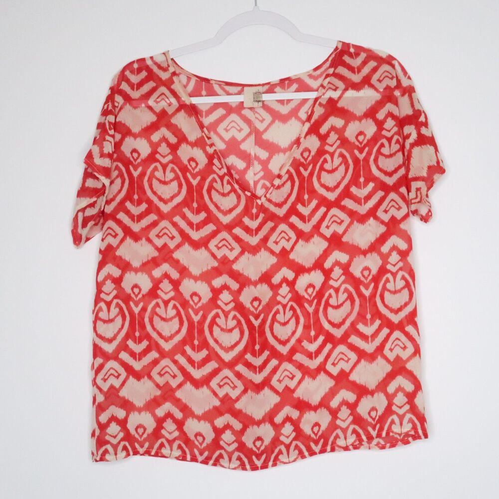 Francesca's Birdcage Womens Sheer Blouse Size Small Red Tribal Print Boho Hippie
